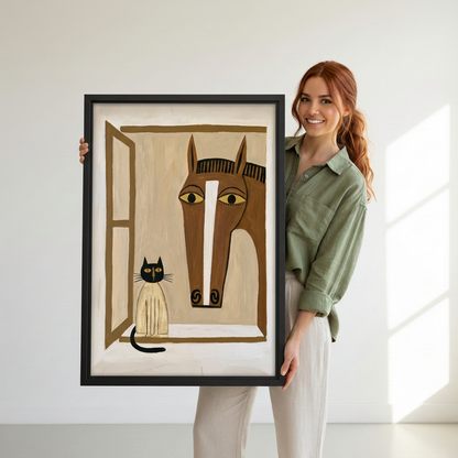 Woman holding black-framed folk art horse and cat canvas wall art depicting the animals at an open window.