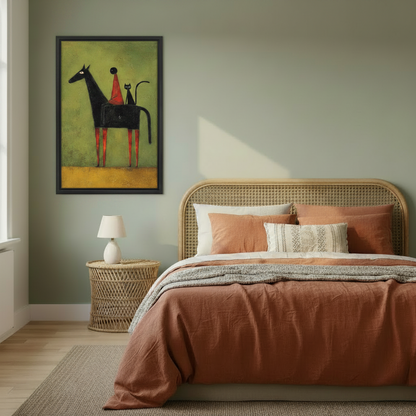 Whimsical folk art horse and cat framed print on sage green bedroom wall above rattan bed
