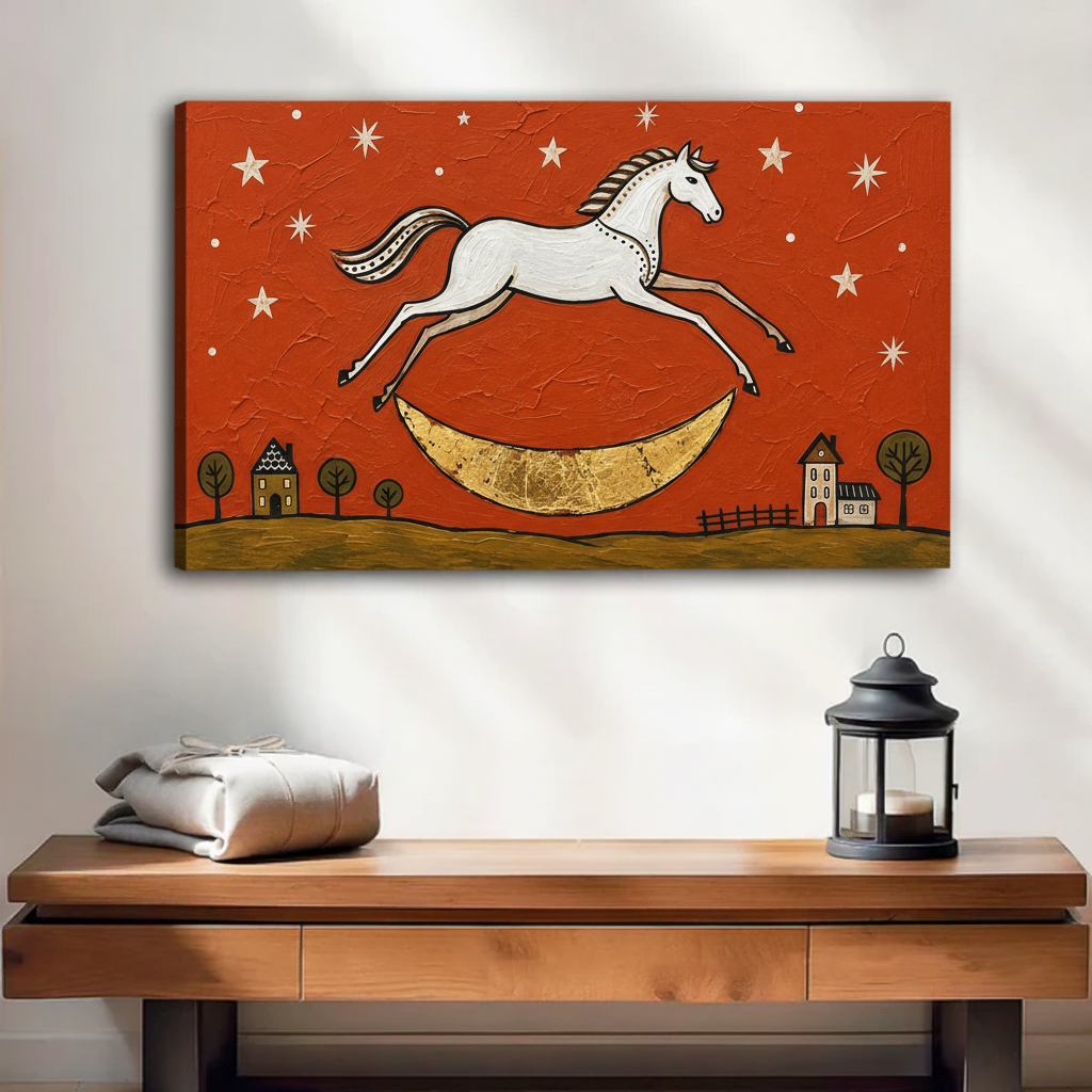Folk art horse moon canvas wall art displayed above a wooden console with folded textiles and a lantern.