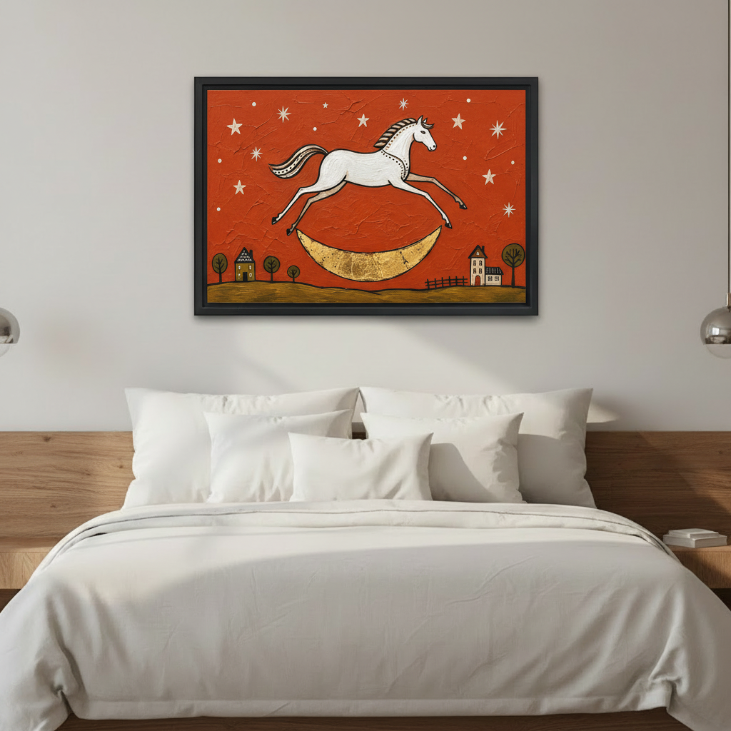 Folk art horse moon canvas wall art framed above a neatly made bed in a bright bedroom.