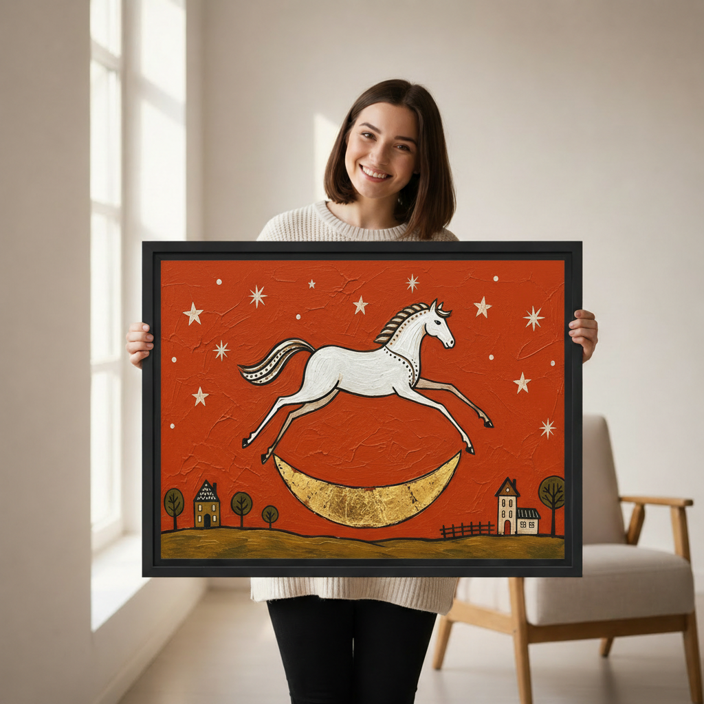 A smiling woman holds framed folk art horse moon canvas wall art in a bright living space.