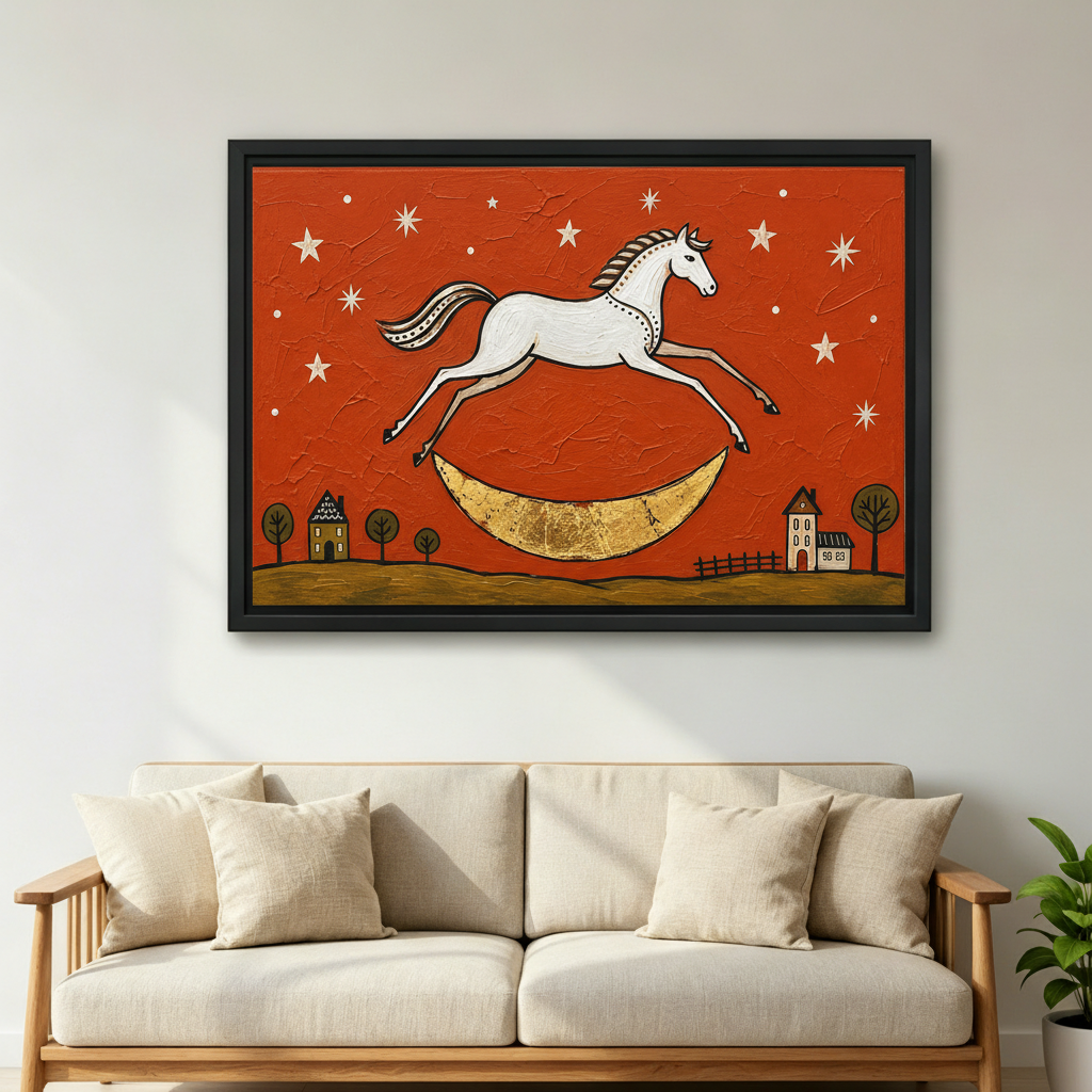 Framed folk art horse moon canvas wall art hangs above a light sofa in a calm living room.