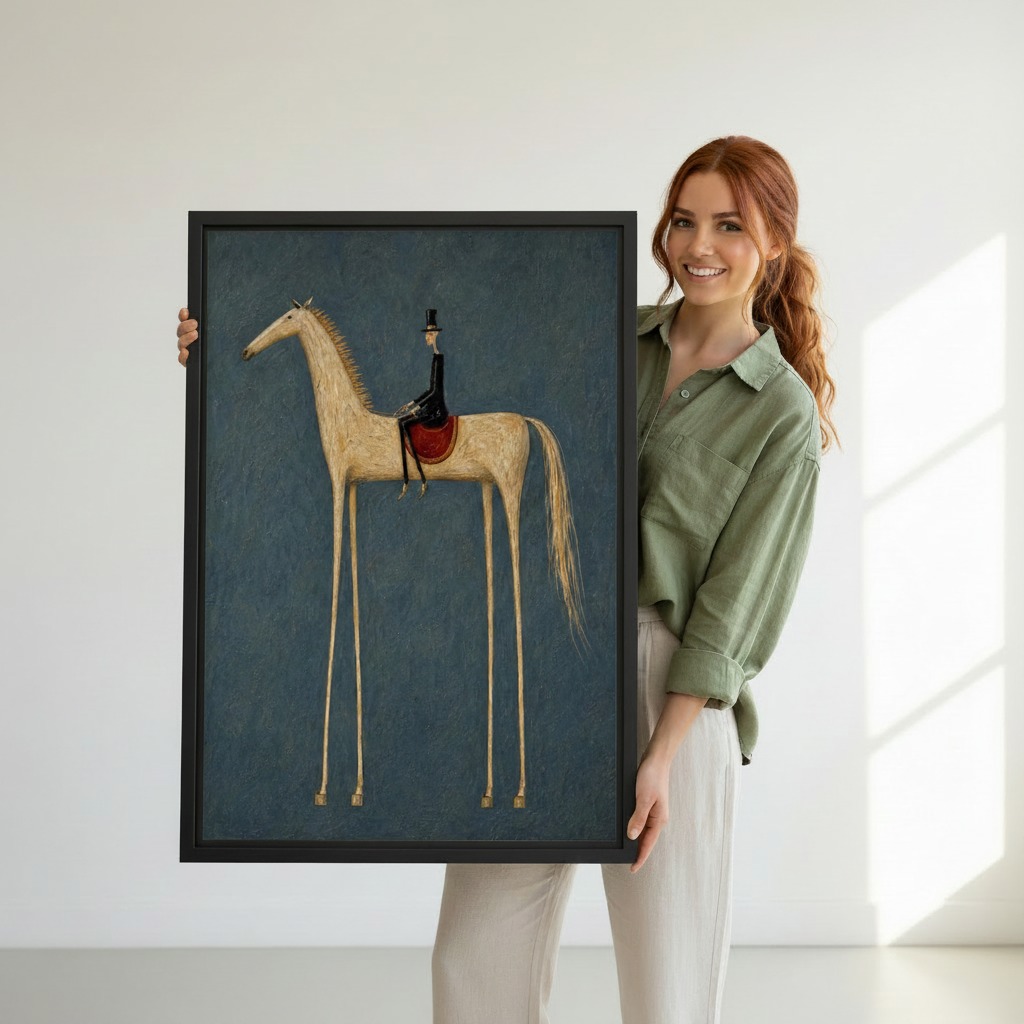 Smiling woman holding large folk art long leg horse and rider vintage wall art print with black frame, white studio background