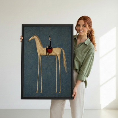 Smiling woman holding large folk art long leg horse and rider vintage wall art print with black frame, white studio background