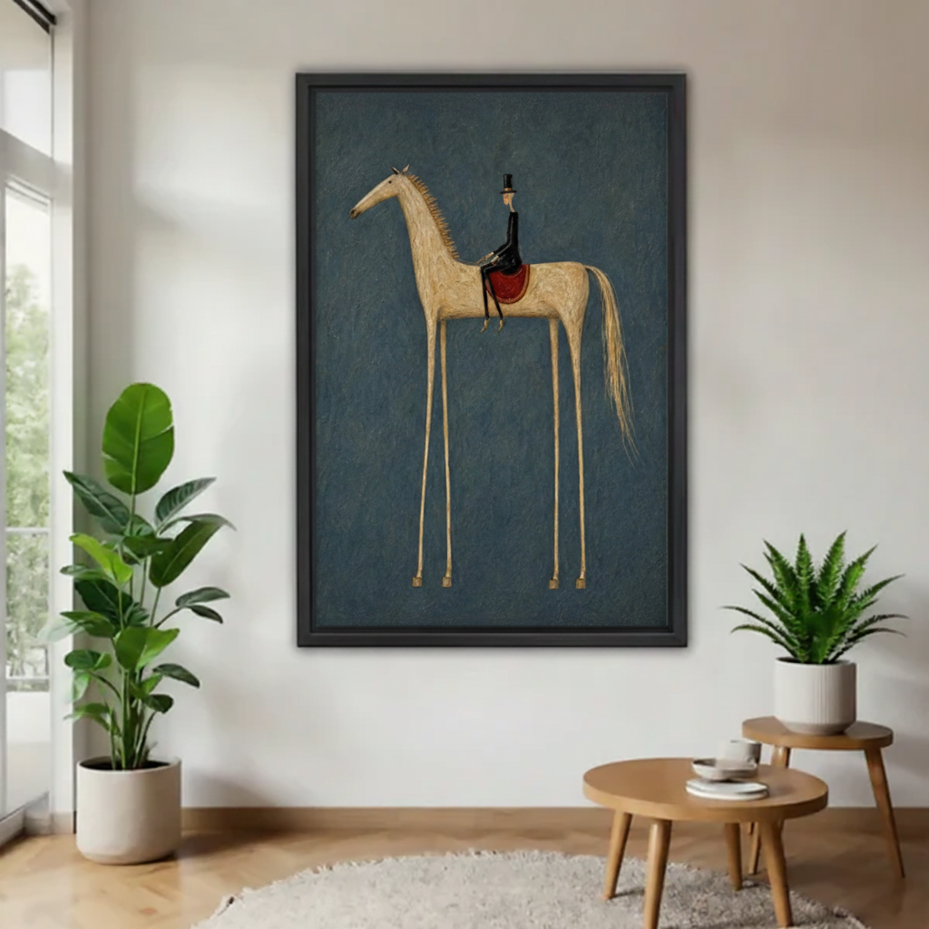 Folk art long leg horse and rider vintage wall art in black frame, displayed in minimalist entryway with large green fiddle leaf fig plant and round wooden side table