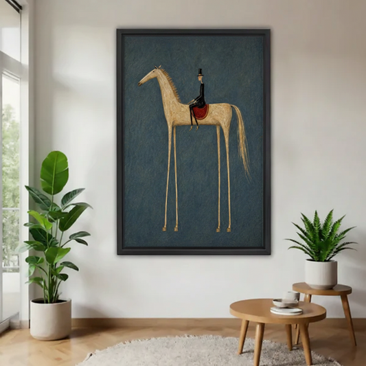 Folk art long leg horse and rider vintage wall art in black frame, displayed in minimalist entryway with large green fiddle leaf fig plant and round wooden side table