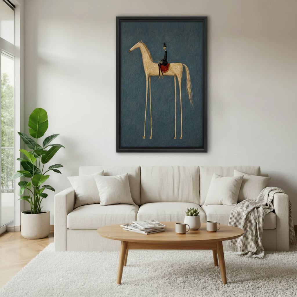Folk art long leg horse rider vintage print in black frame above cream sofa in bright Scandinavian living room with green plant