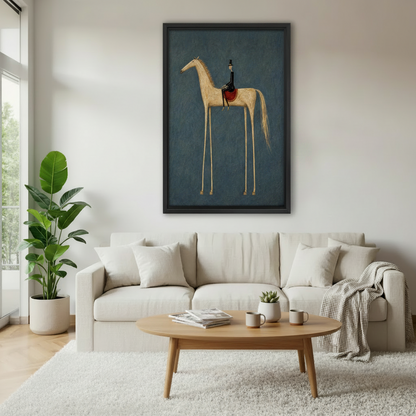 Folk art long leg horse rider vintage print in black frame above cream sofa in bright Scandinavian living room with green plant