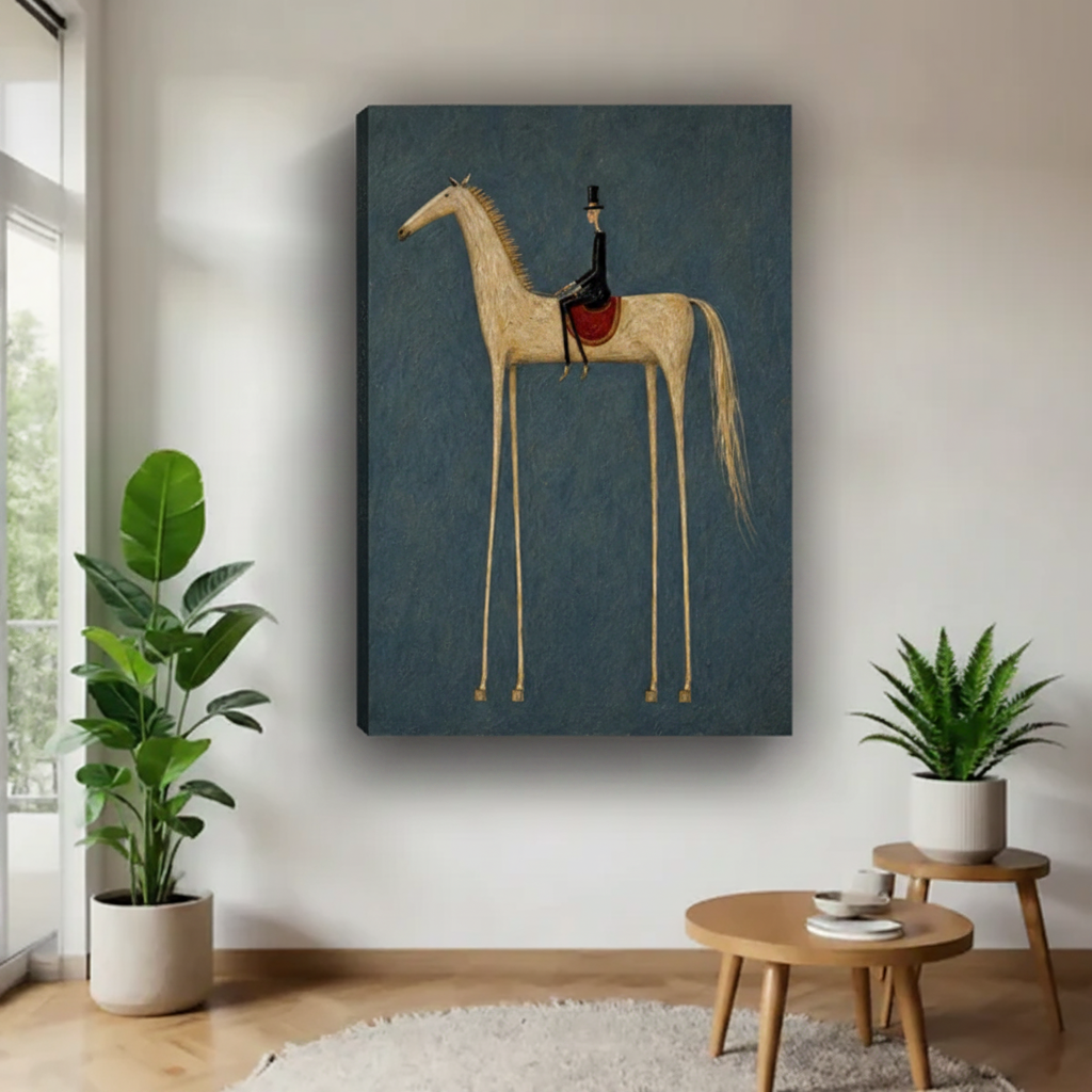 Frameless gallery wrap canvas of folk art long leg horse and rider on moody blue background, hanging in bright minimalist entryway with green plants