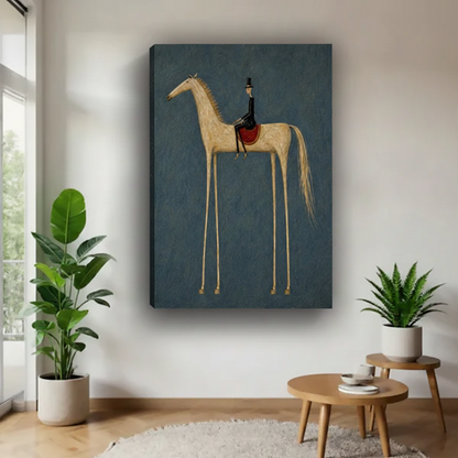 Frameless gallery wrap canvas of folk art long leg horse and rider on moody blue background, hanging in bright minimalist entryway with green plants