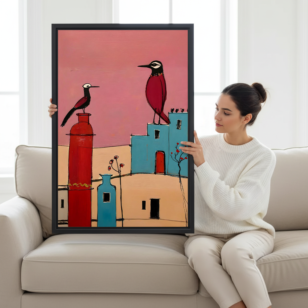 Woman holding a large folk art Mediterranean birds village framed canvas print showing size reference beside a white sofa