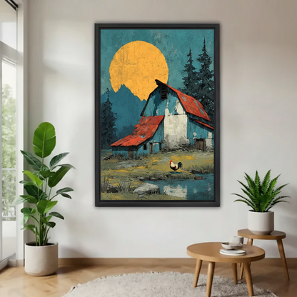 Folk art rooster and barn moonlit canvas in black frame styled in a minimalist entryway with tropical plants