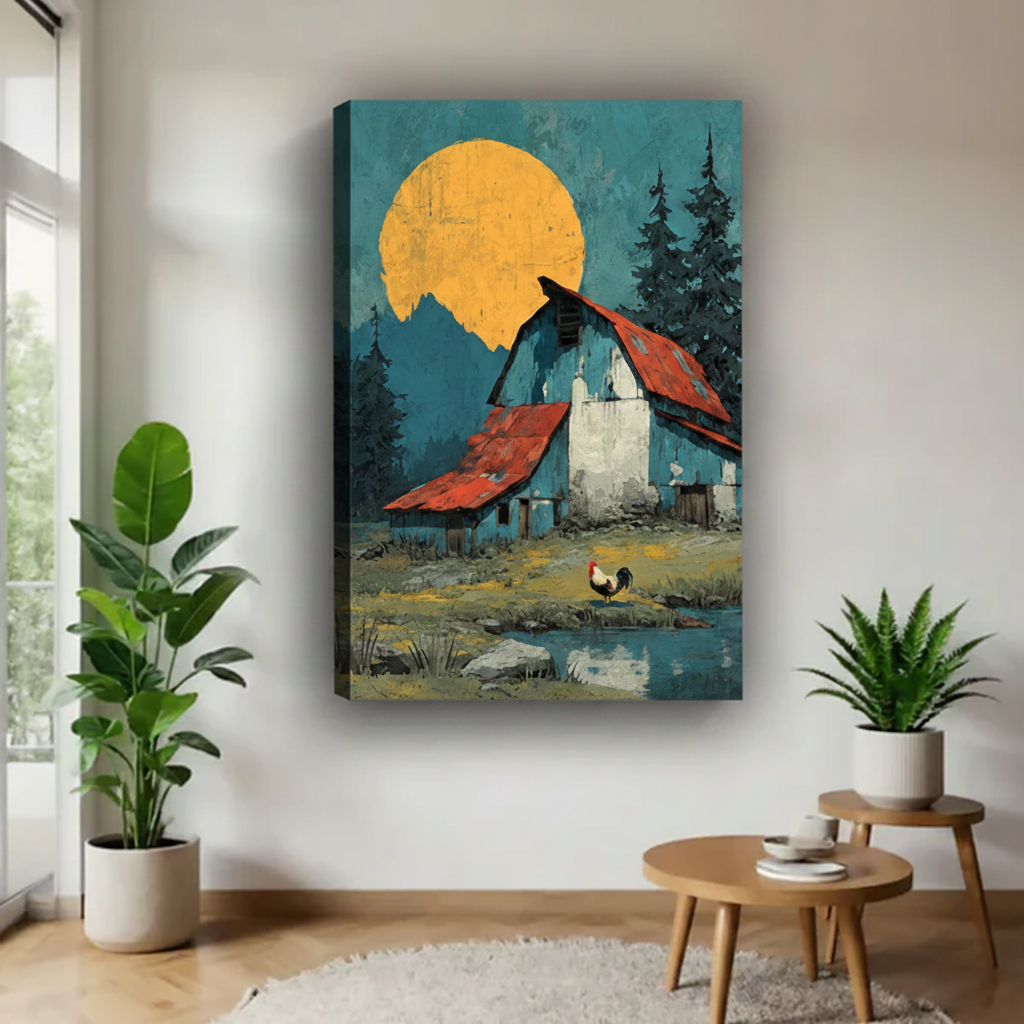 Gallery wrap canvas of folk art moonlit barn scene with rooster, displayed unframed on a living room wall
