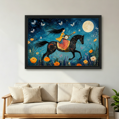Folk art moonlit horse rider canvas wall art in black floating frame displayed above cream linen sofa in living room