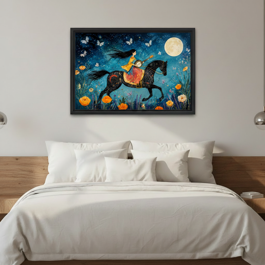 Romantic folk art moonlit rider framed canvas wall art hung above wooden bed headboard in cozy bedroom setting