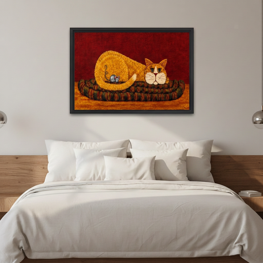 Folk art orange cat and mouse canvas wall art in a black frame above a bed with white bedding.