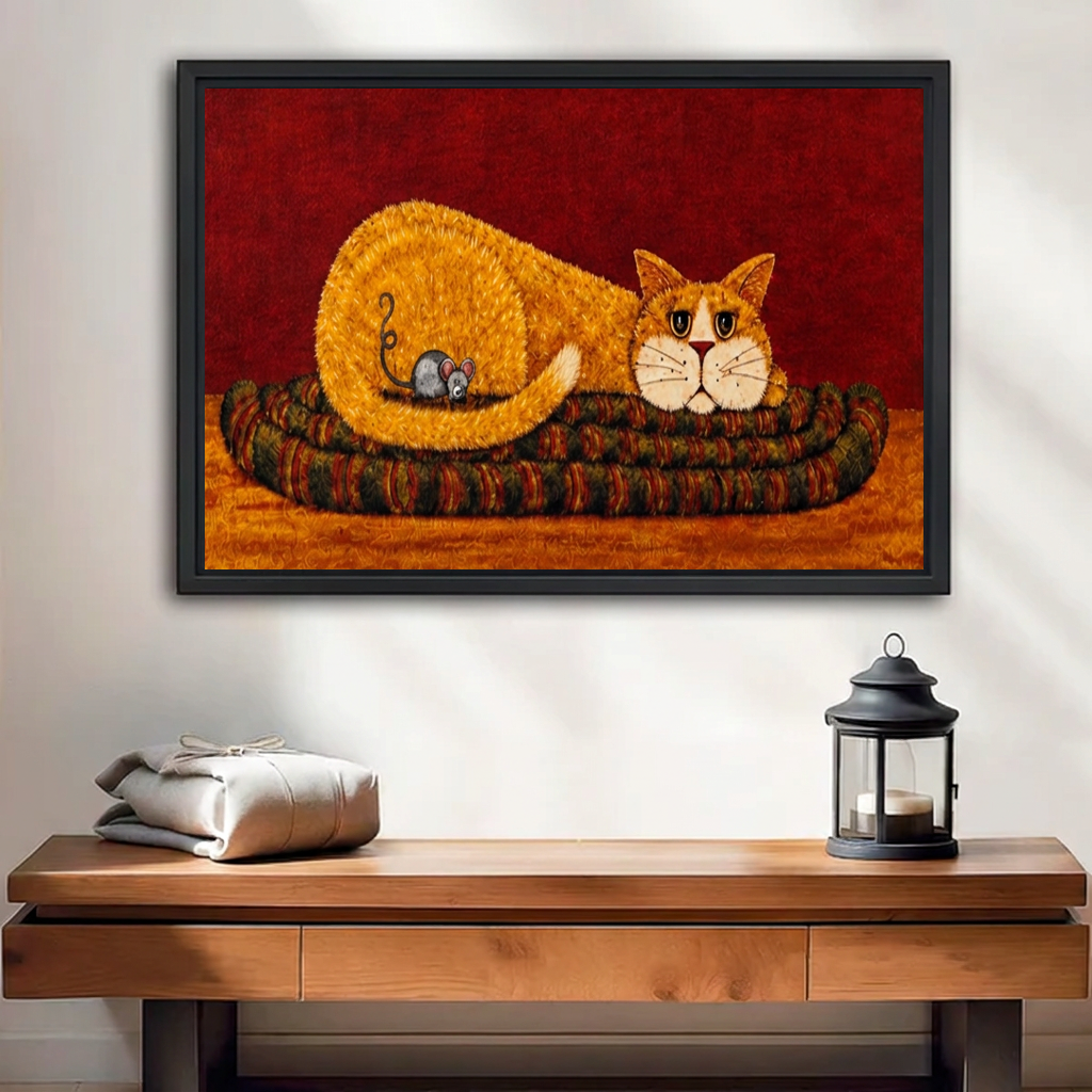 Black-framed folk art orange cat and mouse canvas wall art above a wooden console with folded blankets.