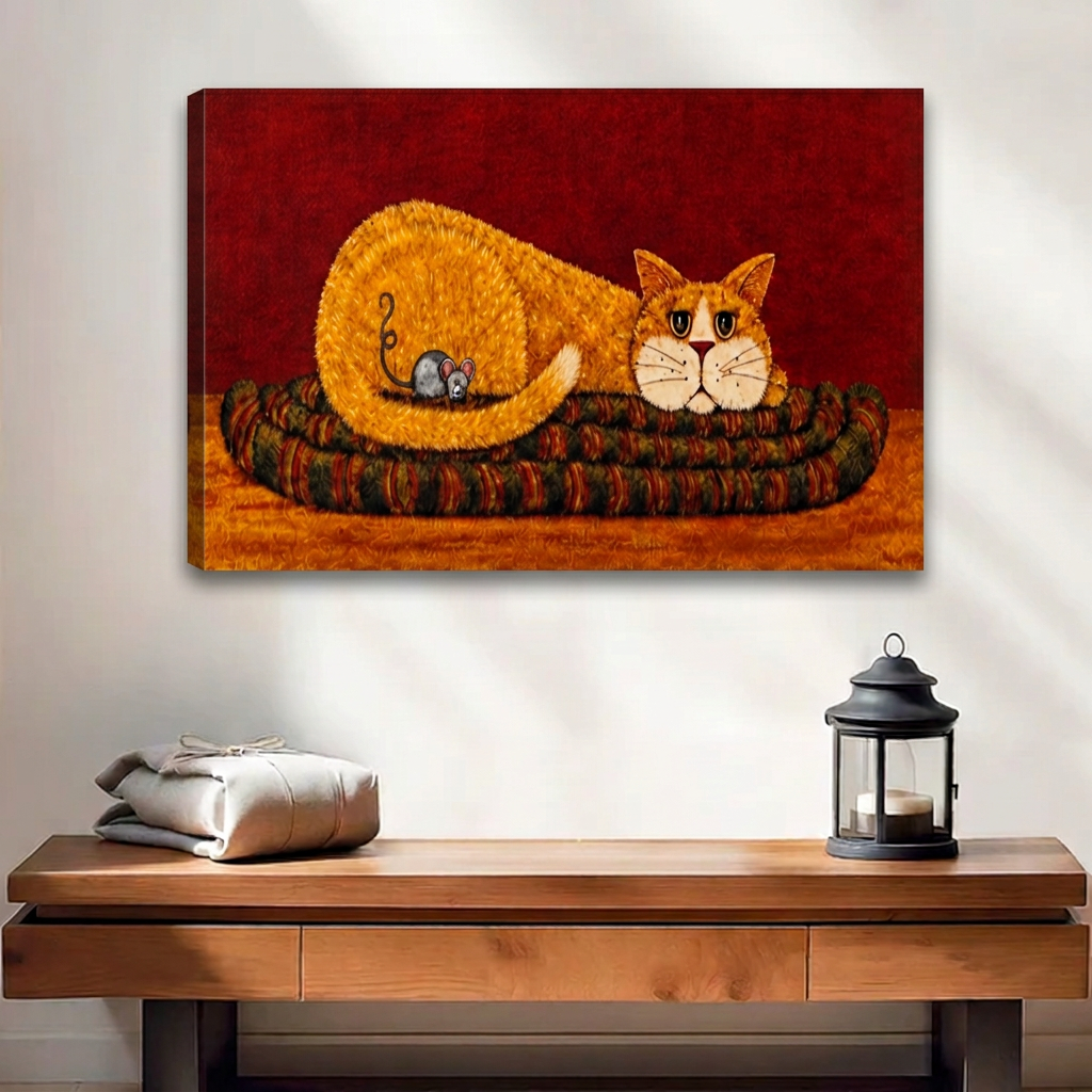 Gallery-wrap folk art orange cat and mouse canvas wall art above a wooden console with a black lantern.