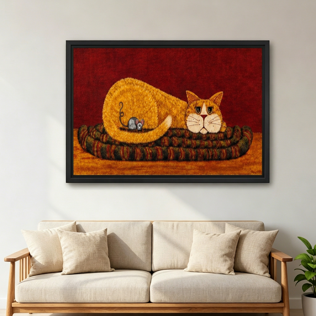 Black-framed folk art orange cat and mouse canvas wall art above a cream sofa with wooden armrests.