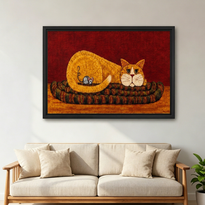Black-framed folk art orange cat and mouse canvas wall art above a cream sofa with wooden armrests.