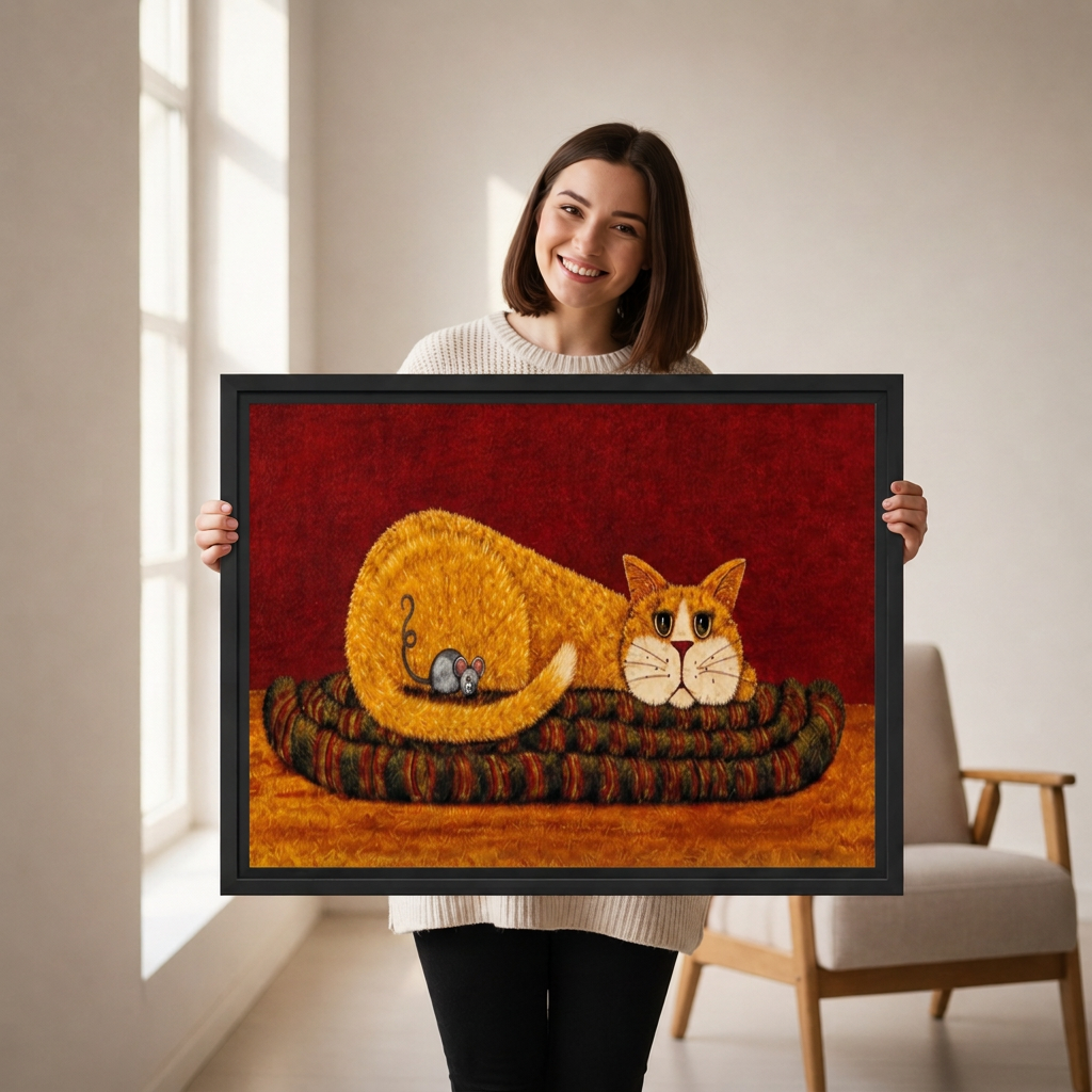 Woman holding black-framed folk art orange cat and mouse canvas wall art featuring a curled cat against red.