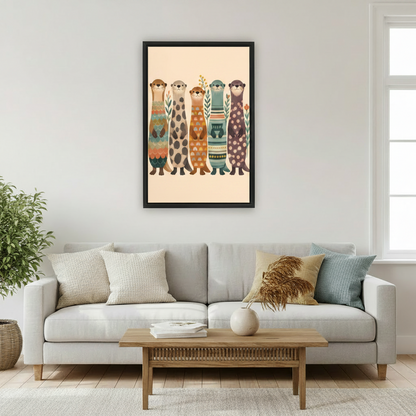 Folk art otter canvas wall art in black frame displayed above neutral living room sofa