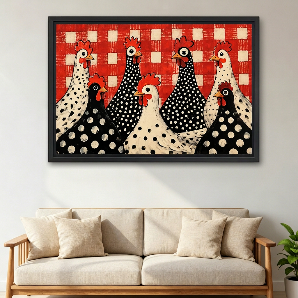  Folk art polka dot chickens wall art in a black frame above a cream sofa with wooden arms.