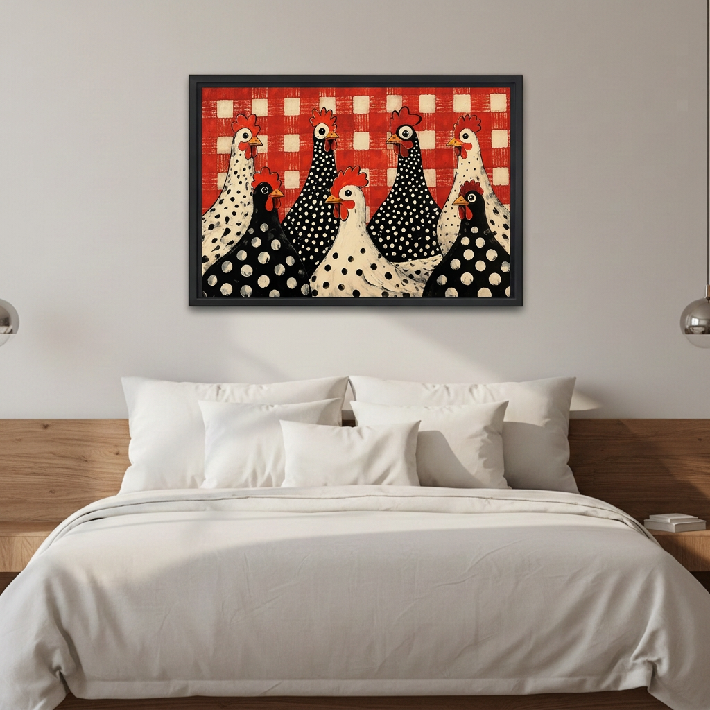 Black-framed folk art polka dot chickens wall art above white bedding and a wooden headboard in a neutral bedroom.