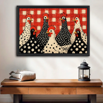 Framed folk art polka dot chickens wall art above a wooden console table with a black lantern.