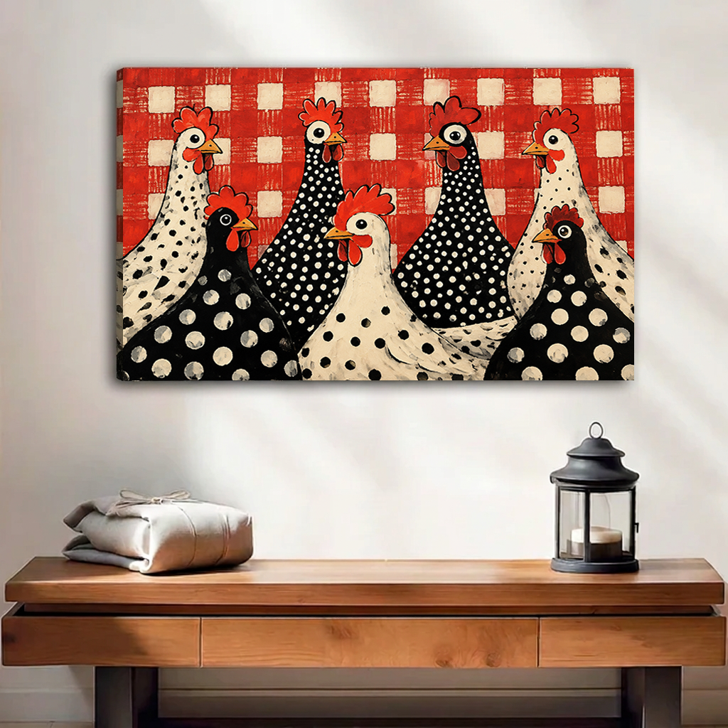 Unframed folk art polka dot chickens wall art featuring seven chickens against red checks above a wooden table.
