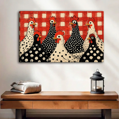 Unframed folk art polka dot chickens wall art featuring seven chickens against red checks above a wooden table.