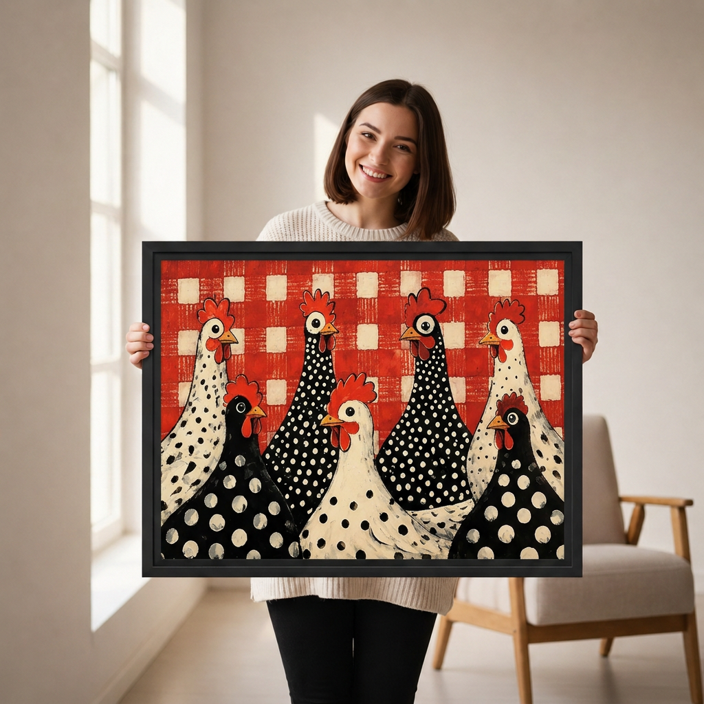 Smiling woman holding framed folk art polka dot chickens wall art with black-and-cream birds and a red checked background.
