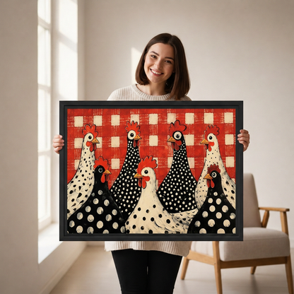 Smiling woman holding framed folk art polka dot chickens wall art with black-and-cream birds and a red checked background.