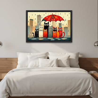 Ten cats under a red umbrella in framed canvas wall art above a white bed