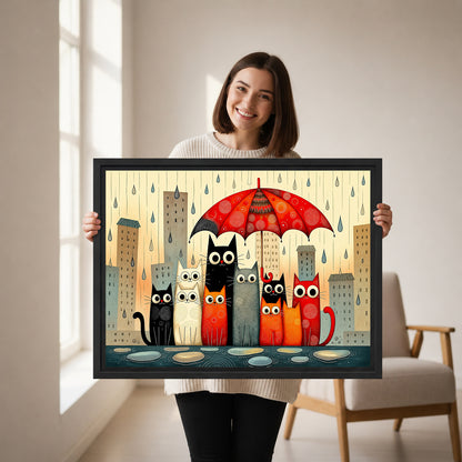 Smiling woman holding framed rainy cats canvas wall art showing city skyline and falling raindrops