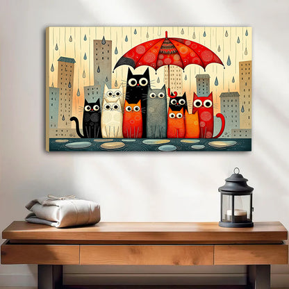 Gallery-wrap folk art rainy cats canvas wall art with frameless edges above a wooden bench