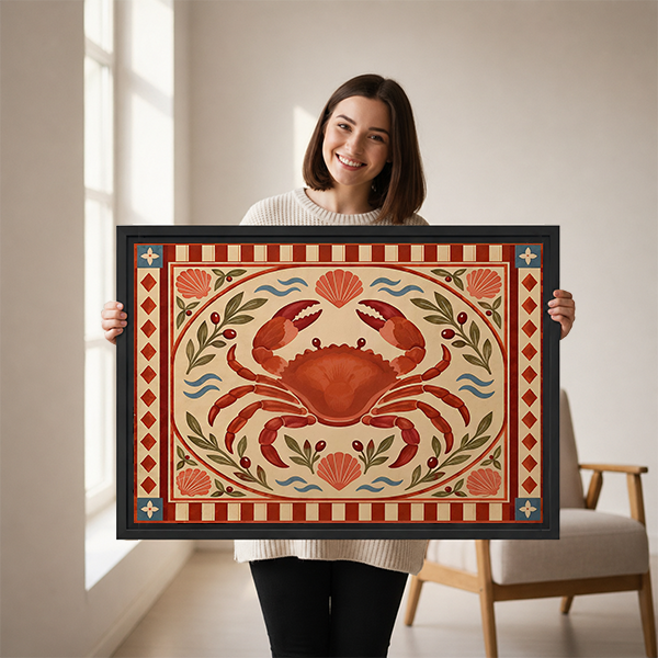 Black-framed folk art red crab canvas wall art above a wooden console with folded fabric and a lantern.