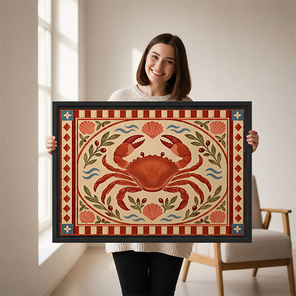 Black-framed folk art red crab canvas wall art above a wooden console with folded fabric and a lantern.