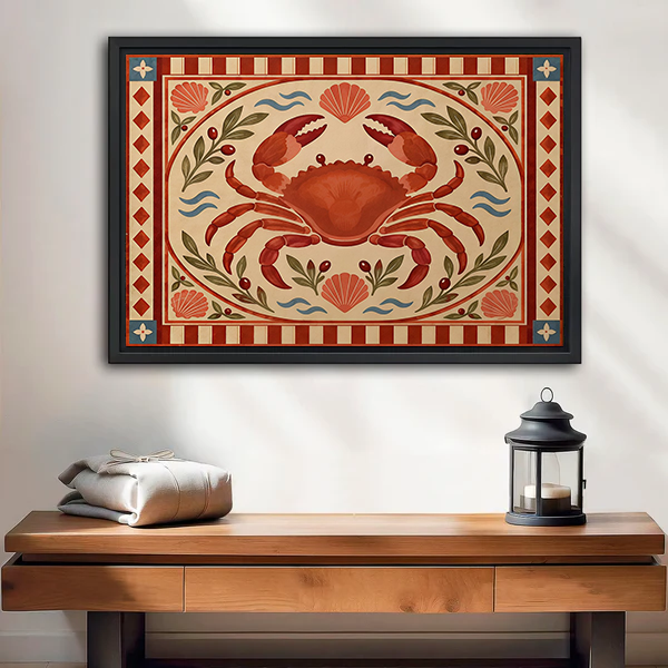 Framed folk art red crab canvas wall art with shells and a patterned border above a cream sofa.