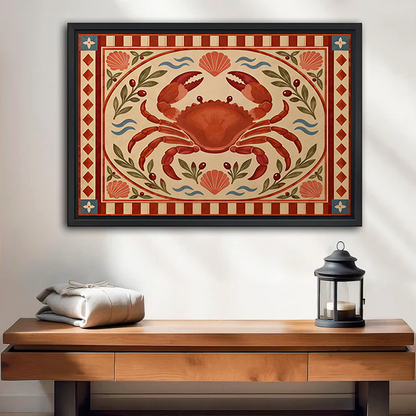 Framed folk art red crab canvas wall art with shells and a patterned border above a cream sofa.