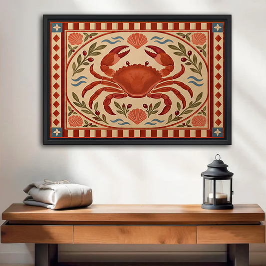 Framed folk art red crab canvas wall art with shells and a patterned border above a cream sofa.