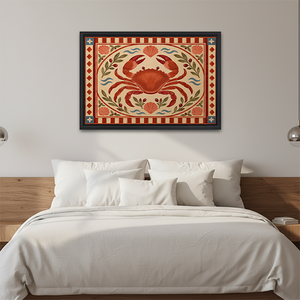 Gallery-wrap folk art red crab canvas wall art with geometric borders displayed above a wooden console beside a lantern.