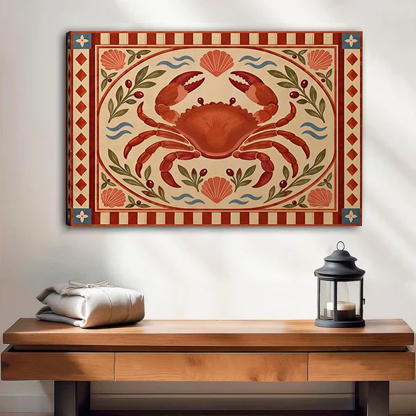 Woman holding framed folk art red crab canvas wall art featuring leafy sprigs, blue waves, and terracotta borders.