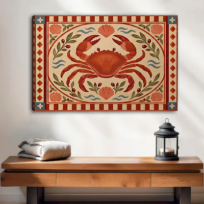 Woman holding framed folk art red crab canvas wall art featuring leafy sprigs, blue waves, and terracotta borders.