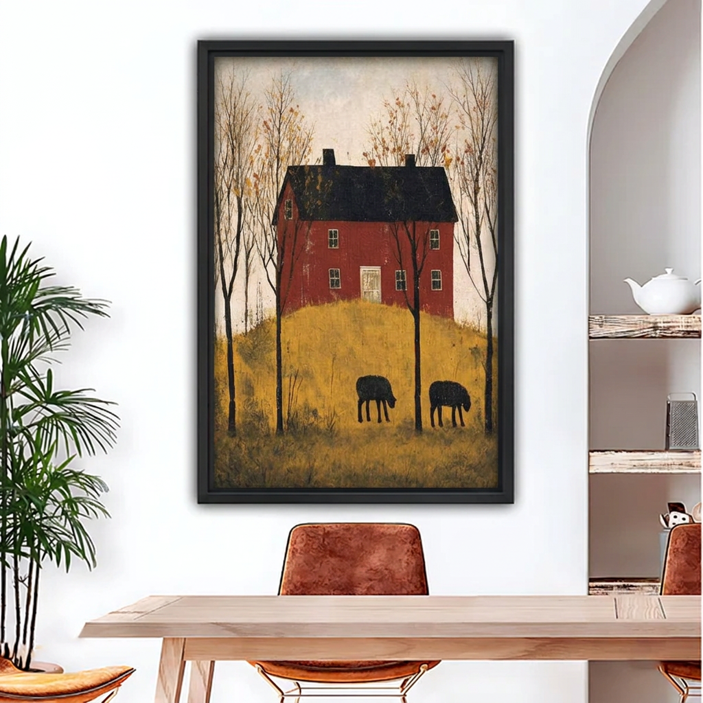 Black-framed folk art red farmhouse canvas wall art displayed above a dining table beside a plant and arched shelves.