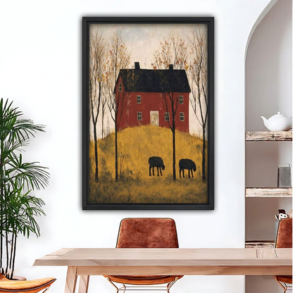 Black-framed folk art red farmhouse canvas wall art displayed above a dining table beside a plant and arched shelves.
