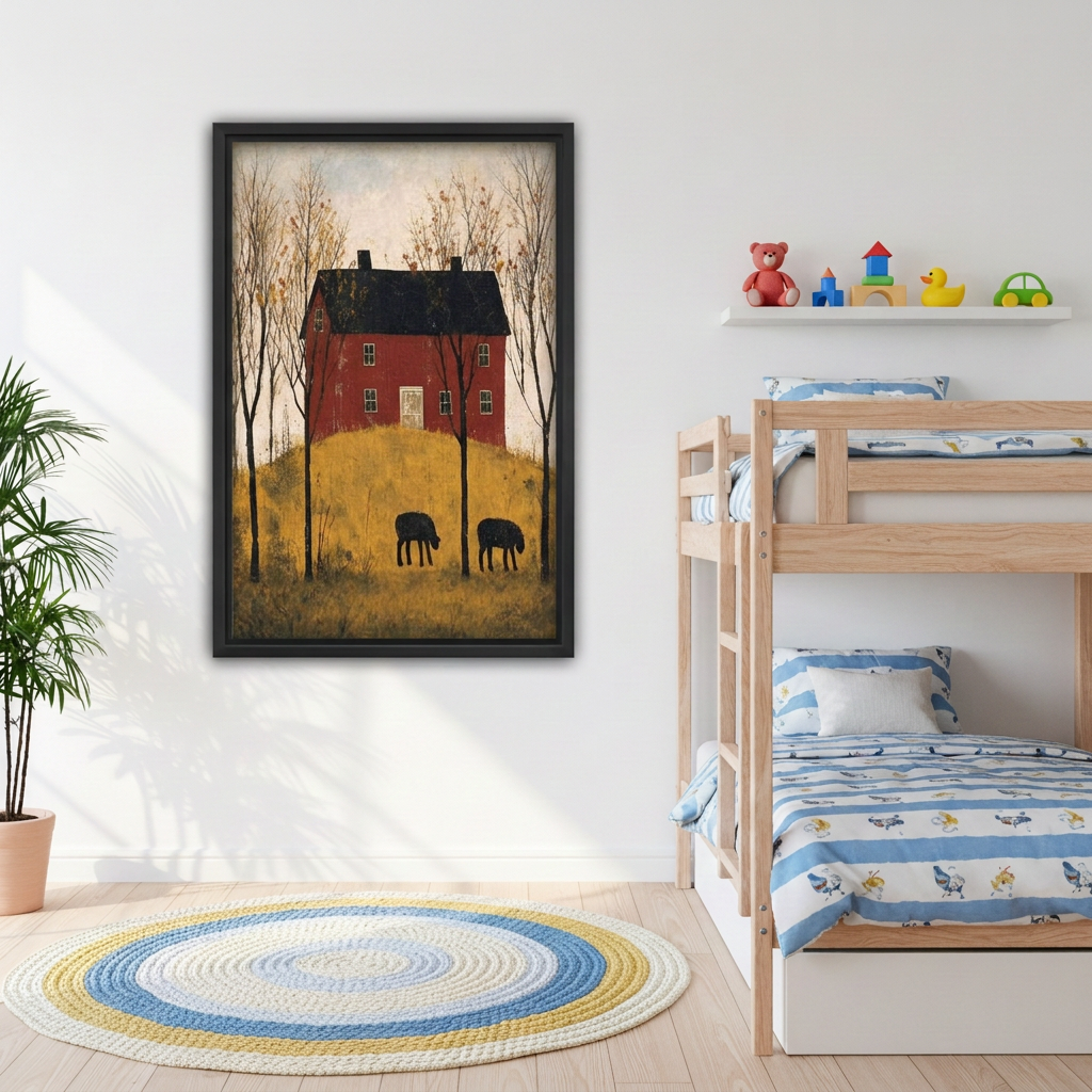 Black-framed folk art red farmhouse canvas wall art beside wooden bunk beds beneath a shelf of colorful toys.