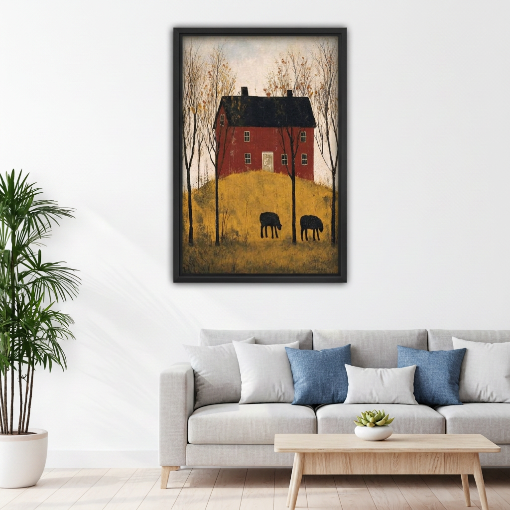 Folk art red farmhouse canvas wall art in a black frame above a gray sofa with blue pillows.