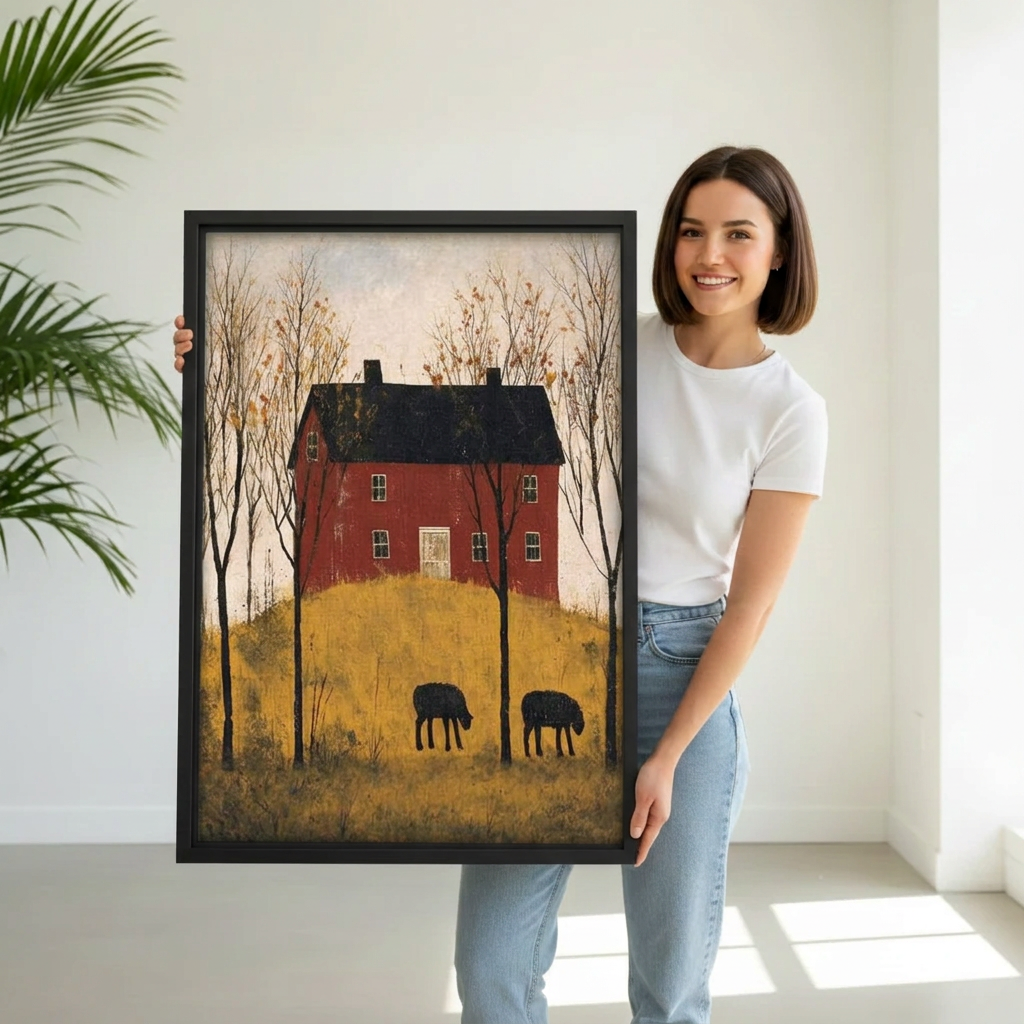 Smiling woman holding black-framed folk art red farmhouse canvas wall art featuring golden fields and slender trees.