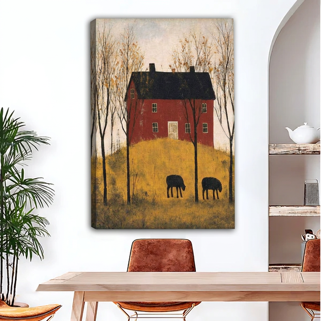 Unframed folk art red farmhouse canvas wall art with two black sheep above a wooden dining table.